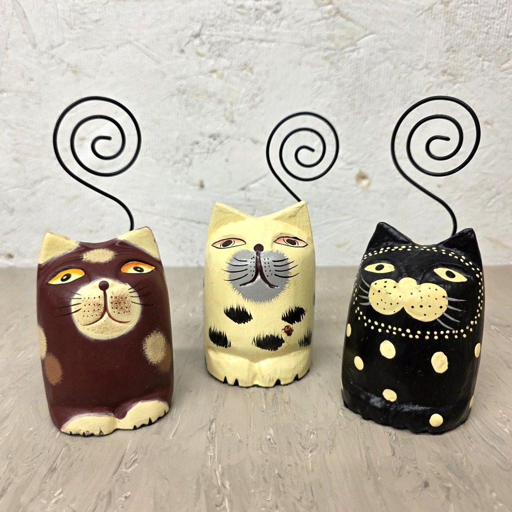 Vintage Pier 1 Wooden Cat Card Holders Memo Photo Clips Set of 3 Folk Art